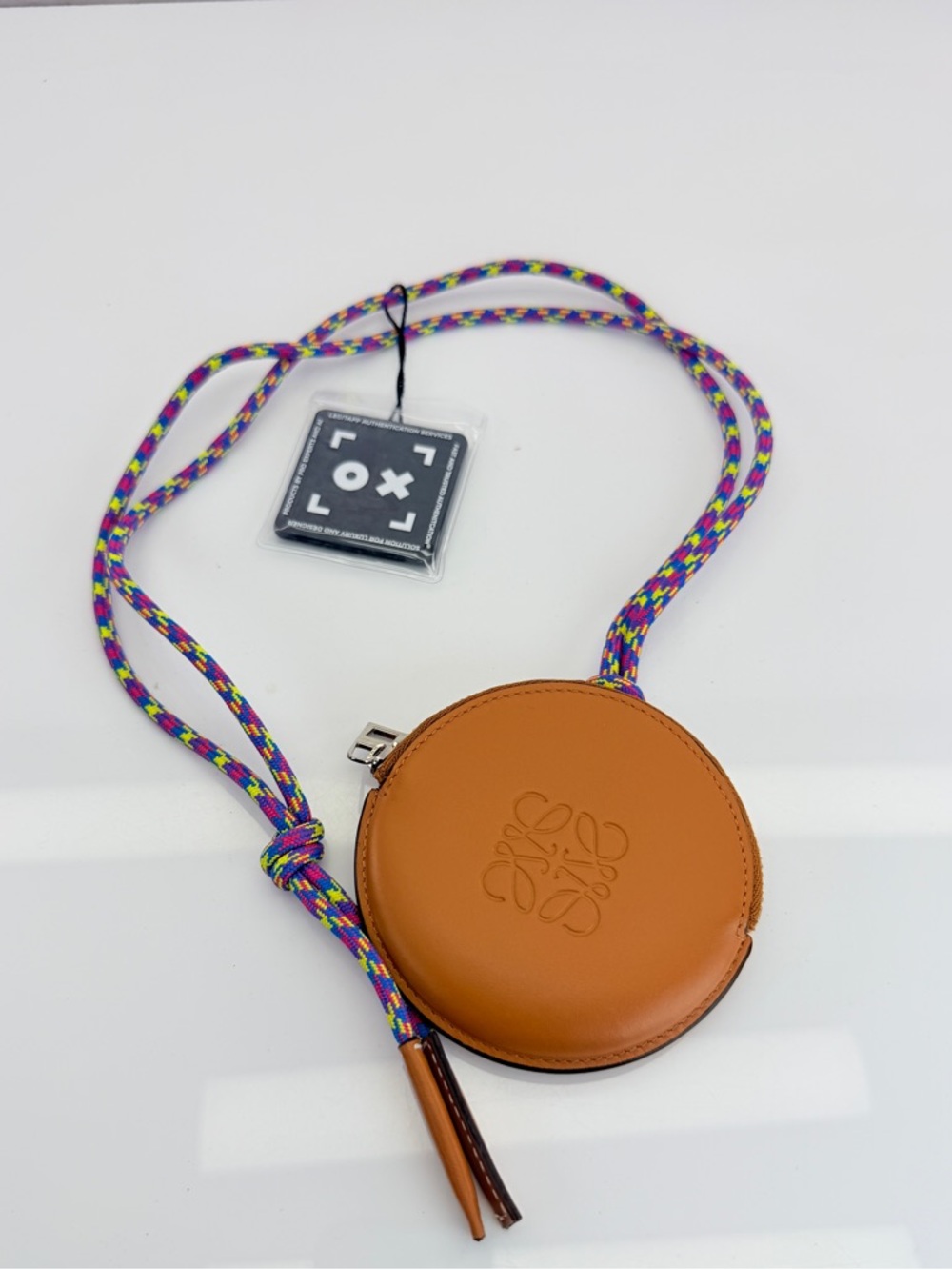Loewe Anagram Cookie Tan Leather Round Coin Pouch with Multicolor Cord